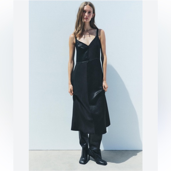 Zara NWT Black satin effect camisole slip dress ZW Collection - Picture 1 of 4